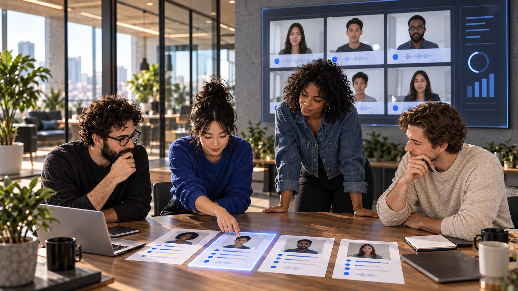 A small team defines the role, candidates complete interviews in parallel, and the team reviews a prioritized set of reports.
