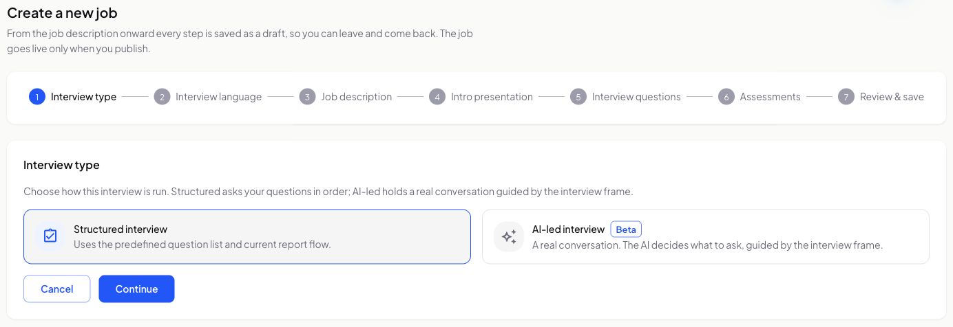 MyPitch's real interview setup separates the predefined-question mode from AI-led interview Beta.