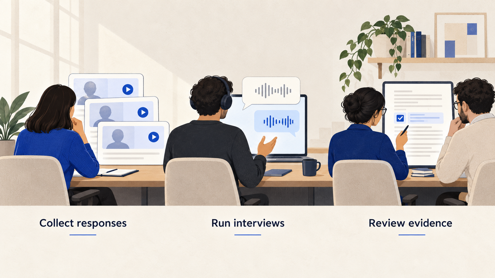 Three screening activities: collecting recorded responses, running an interview, and reviewing the evidence.