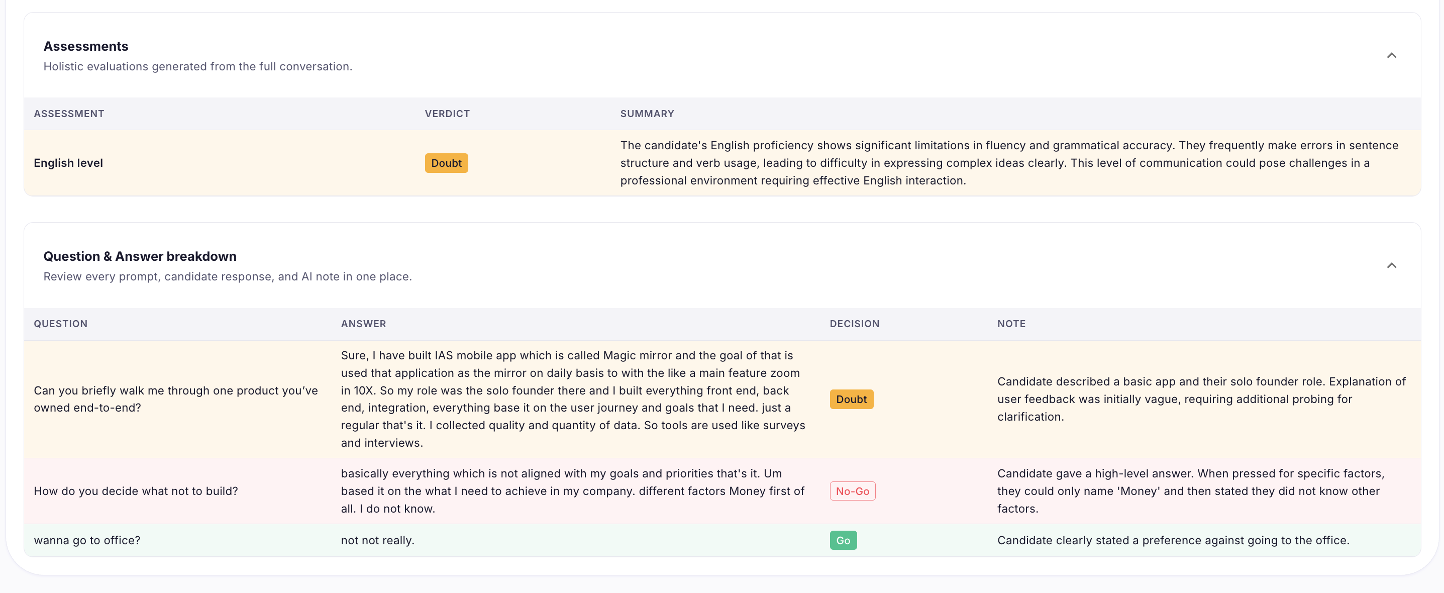 MyPitch recruiter review interface showing structured candidate questions