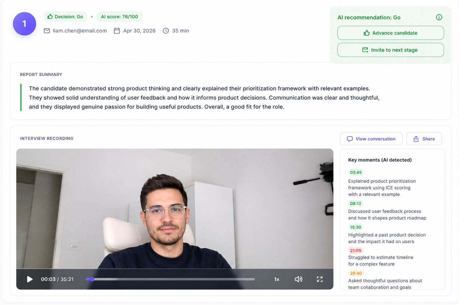 MyPitch report used to review a sales candidate interview